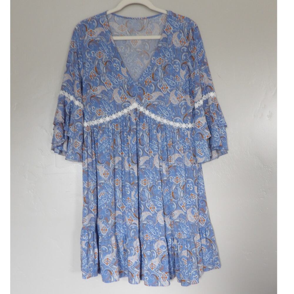 Bohemian Mini Babydoll Dress Flutter‎ Sleeve Womens Size Small Flowy Hippie Chic